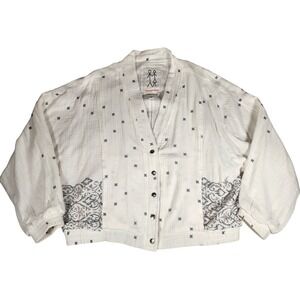Johnny Was Jacket Button Up Top Cream Boho Lightweight Printed Design Fetival